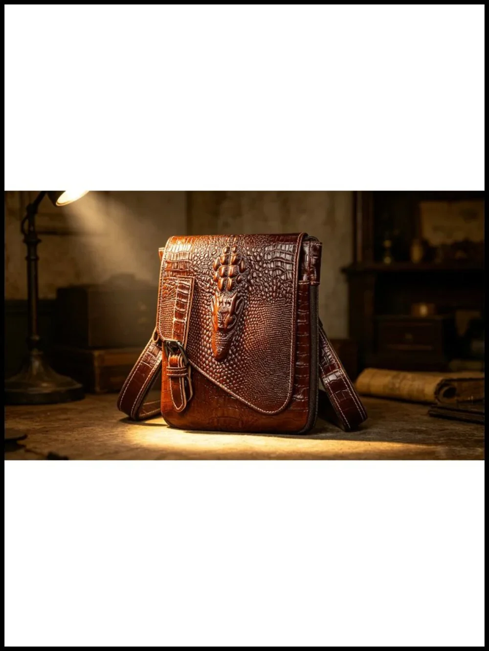 Genuine Leather Mini Messenger Bag Crocodile Embossed Crossbody Convertible